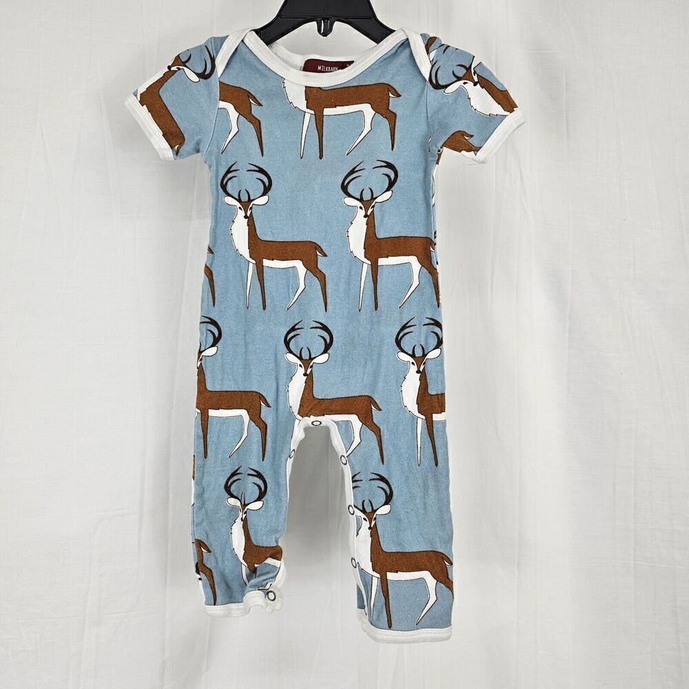 Milkbarn Deer Romper In Blue Short Sleeve Baby Size 3-6M Short Sleeve